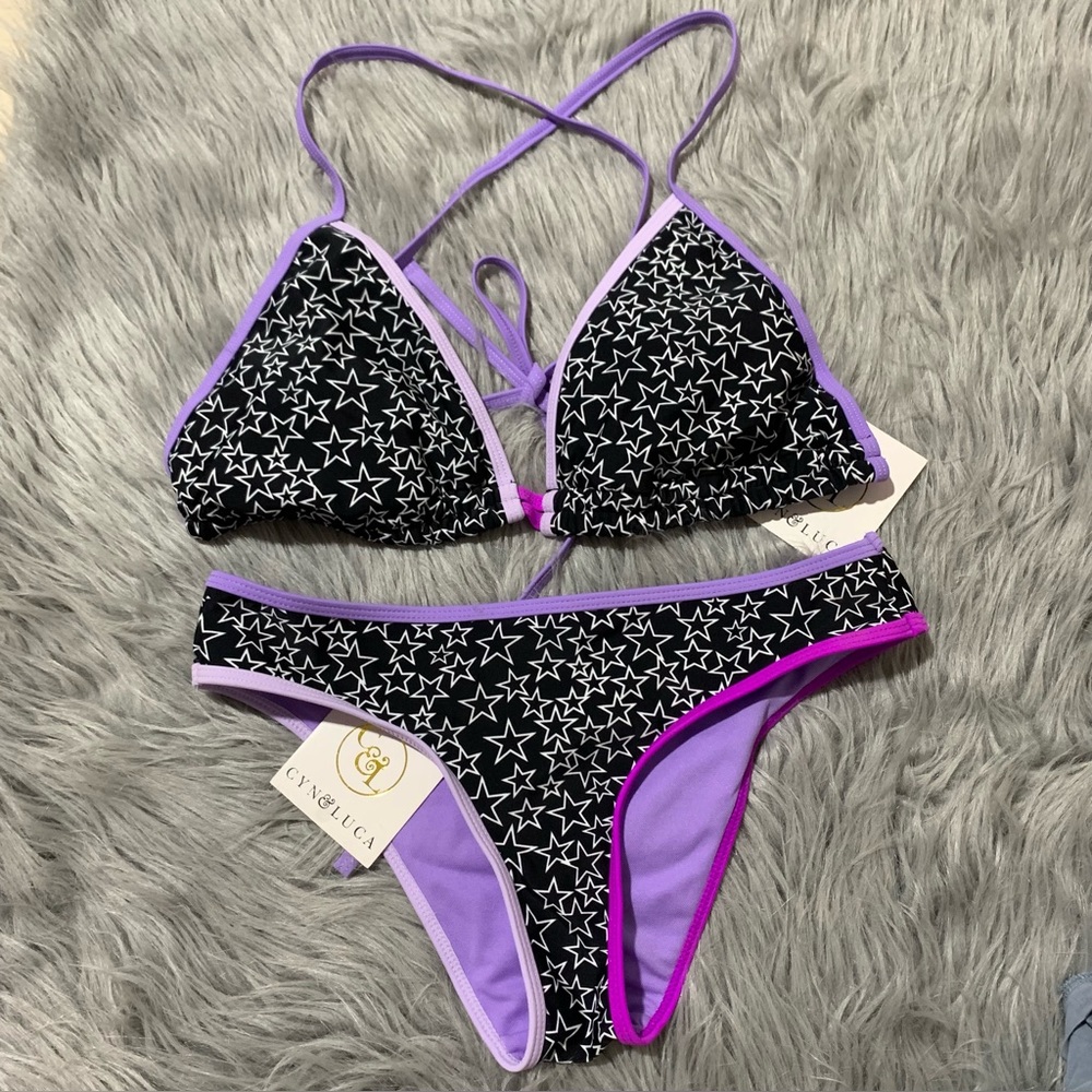 Cyn & Luca black and purple triangle bikini 2pc set